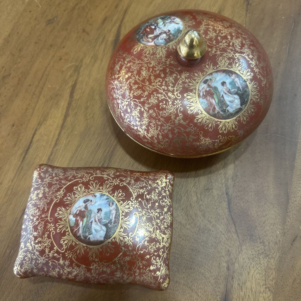 1940-1950 Vtg Vanity set Marks & Rosenfield Red & Gold Handpainted Porcelain